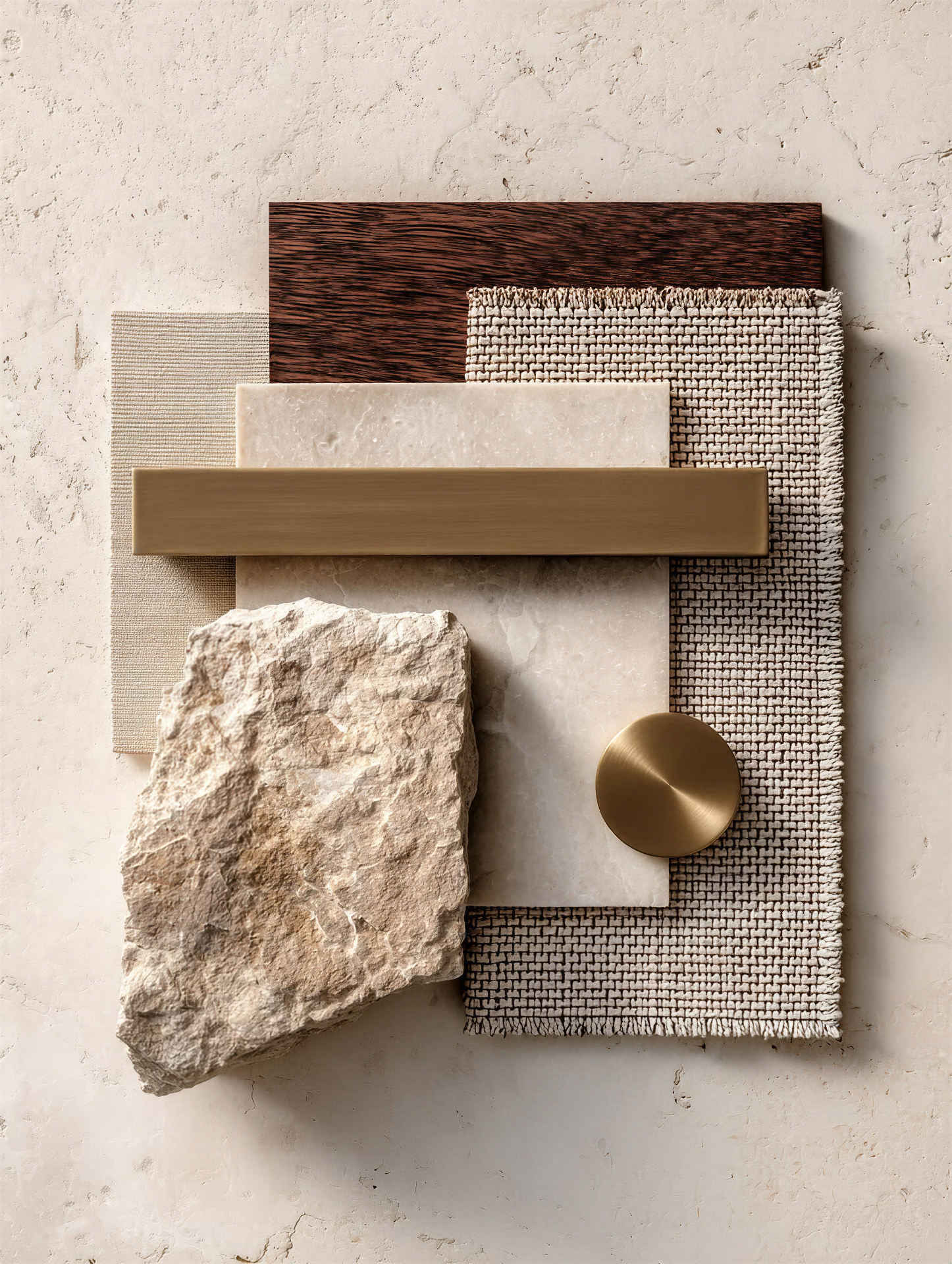 Moodboard di legno, pietra, ottone e tessuti naturali