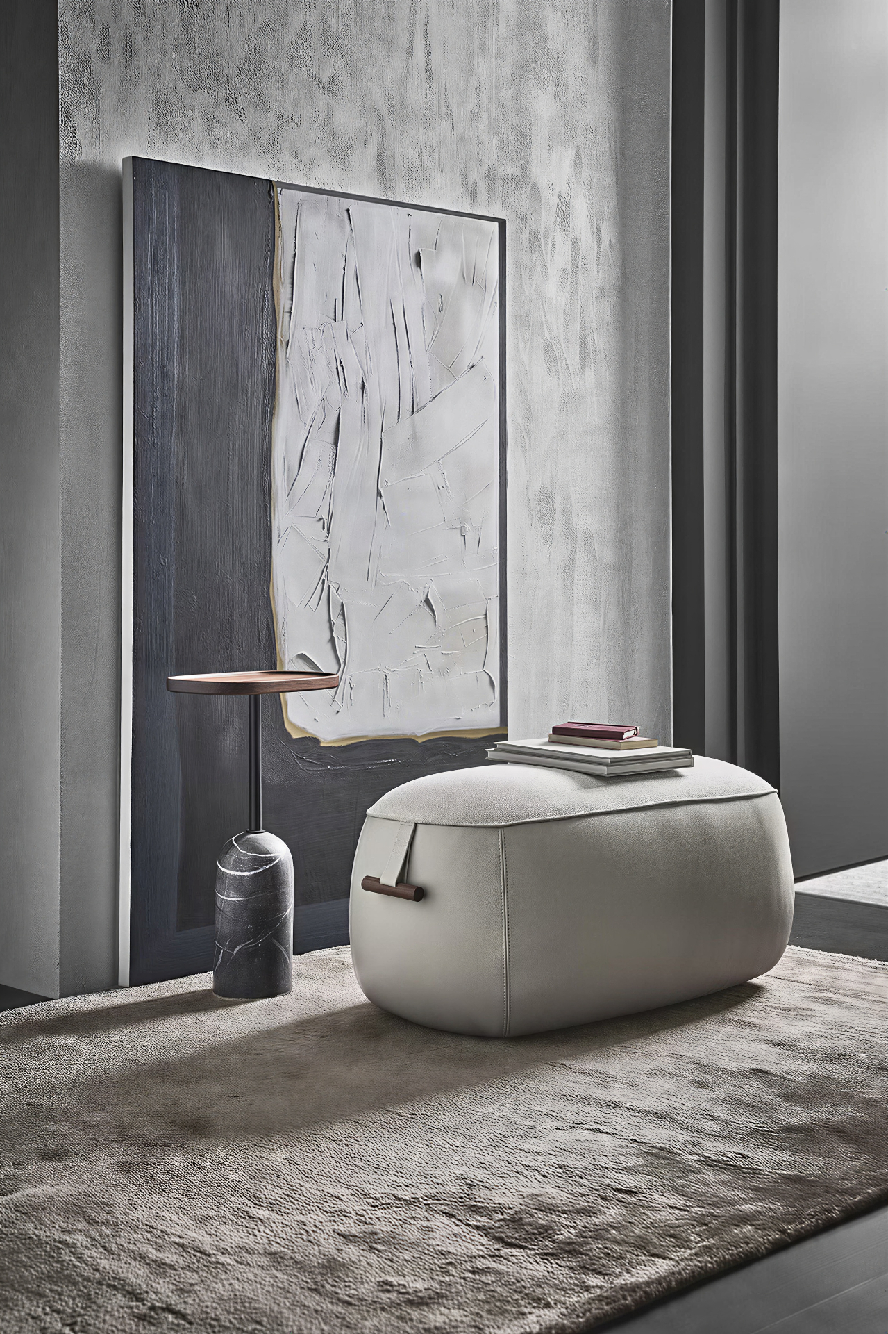 Living architettonico con divano curvo