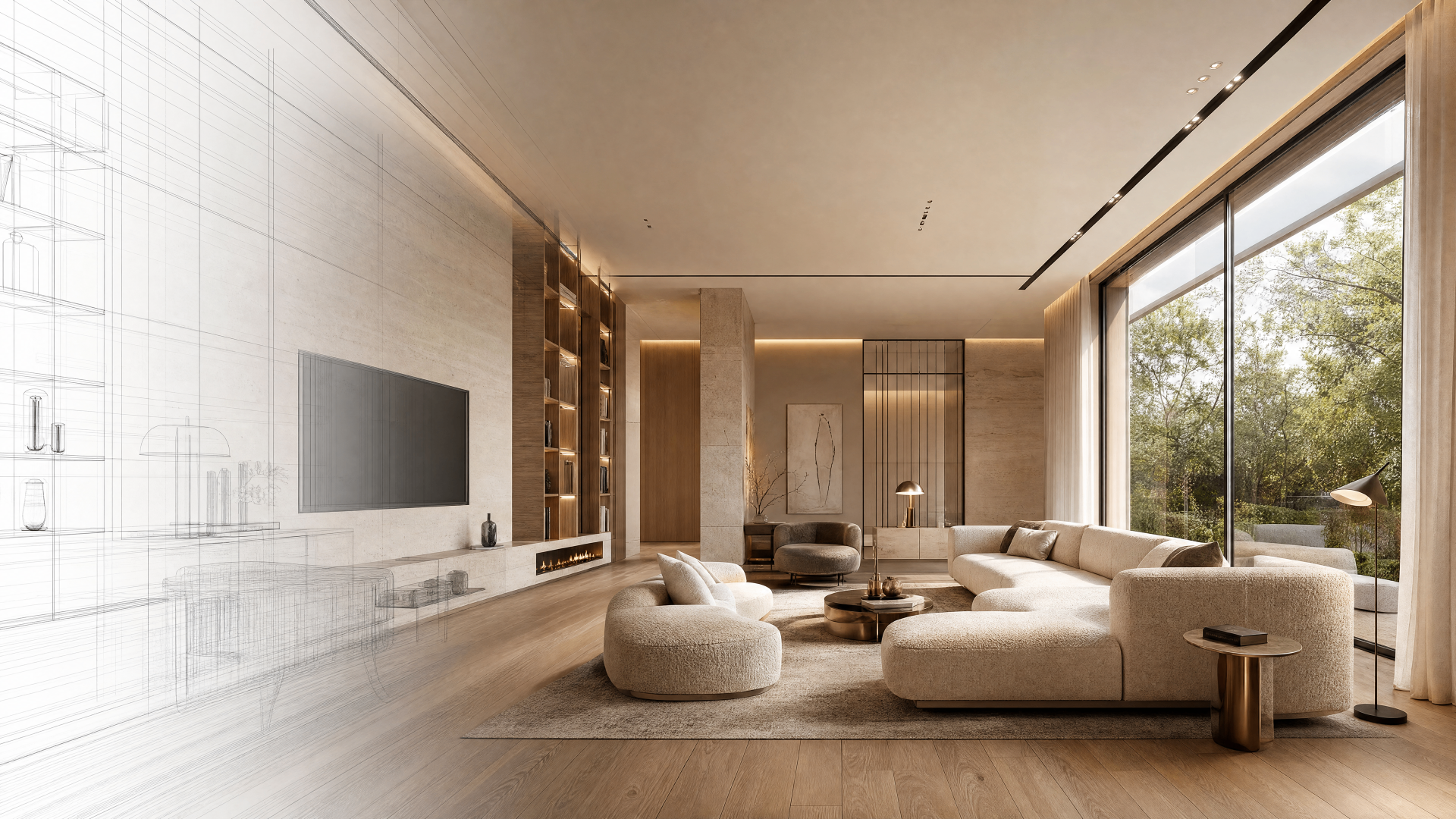 Progetto di interior design con rendering architettonico e arredi di lusso