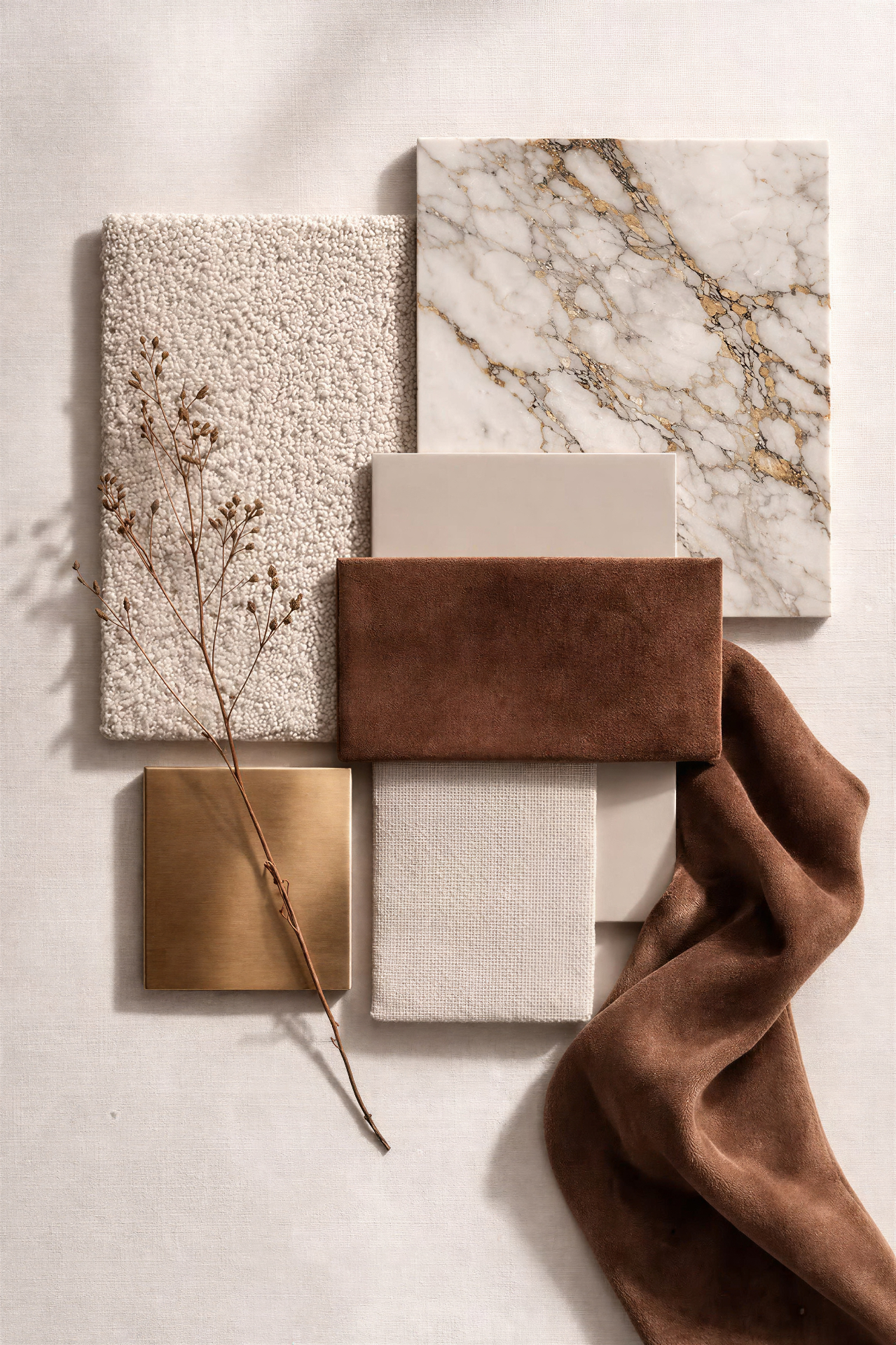 Moodboard di marmo Calacatta, bouclé, ottone e pelle scamosciata