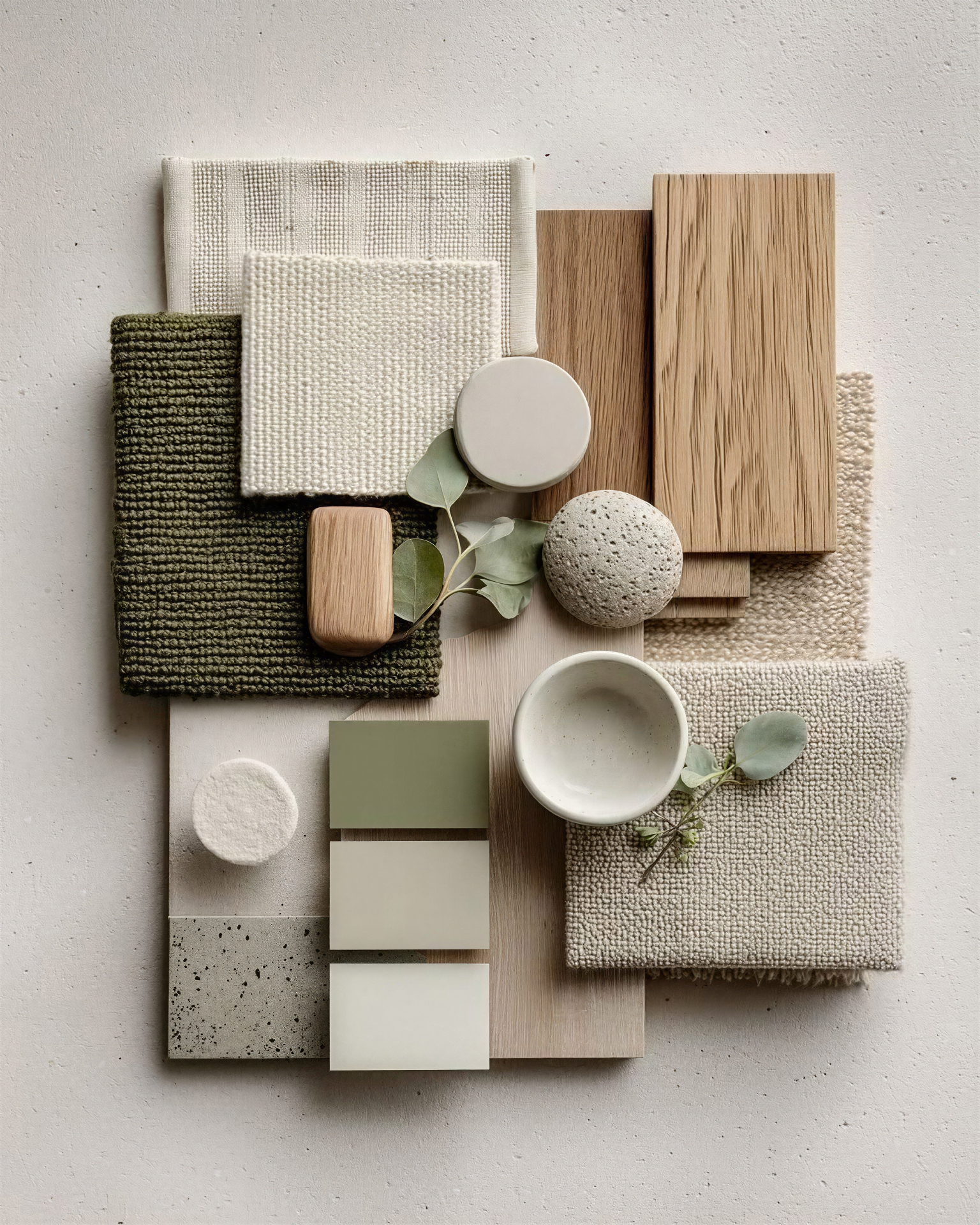 Moodboard di lino, boucle, rovere e ceramica in toni naturali